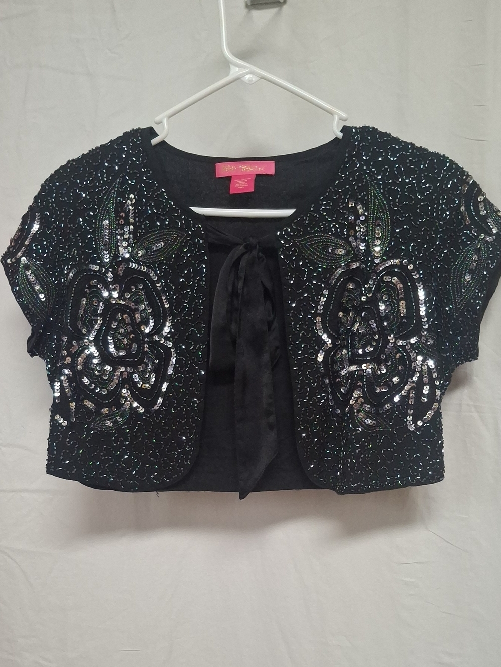 Vintage Betsey Johnson 90s Y2K Beaded Sequin Cropped Bolero Jacket Shrug Black